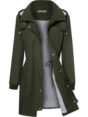 Women's Olive Hooded Waterproof Striped Climbing Windbreaker Trench Rain Coat